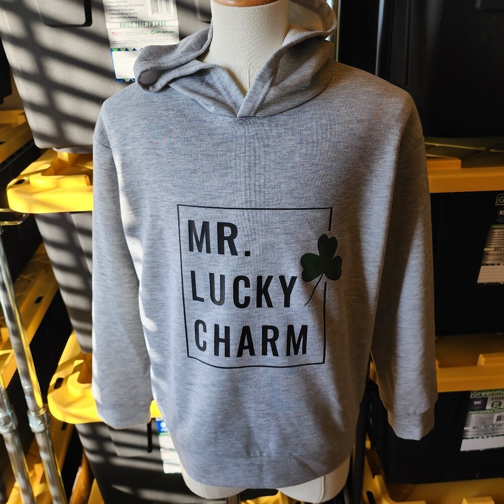 Kids Gray “MR. LUCKY CHARM” Shamrock Hoodie Size L - Picture 3 of 16